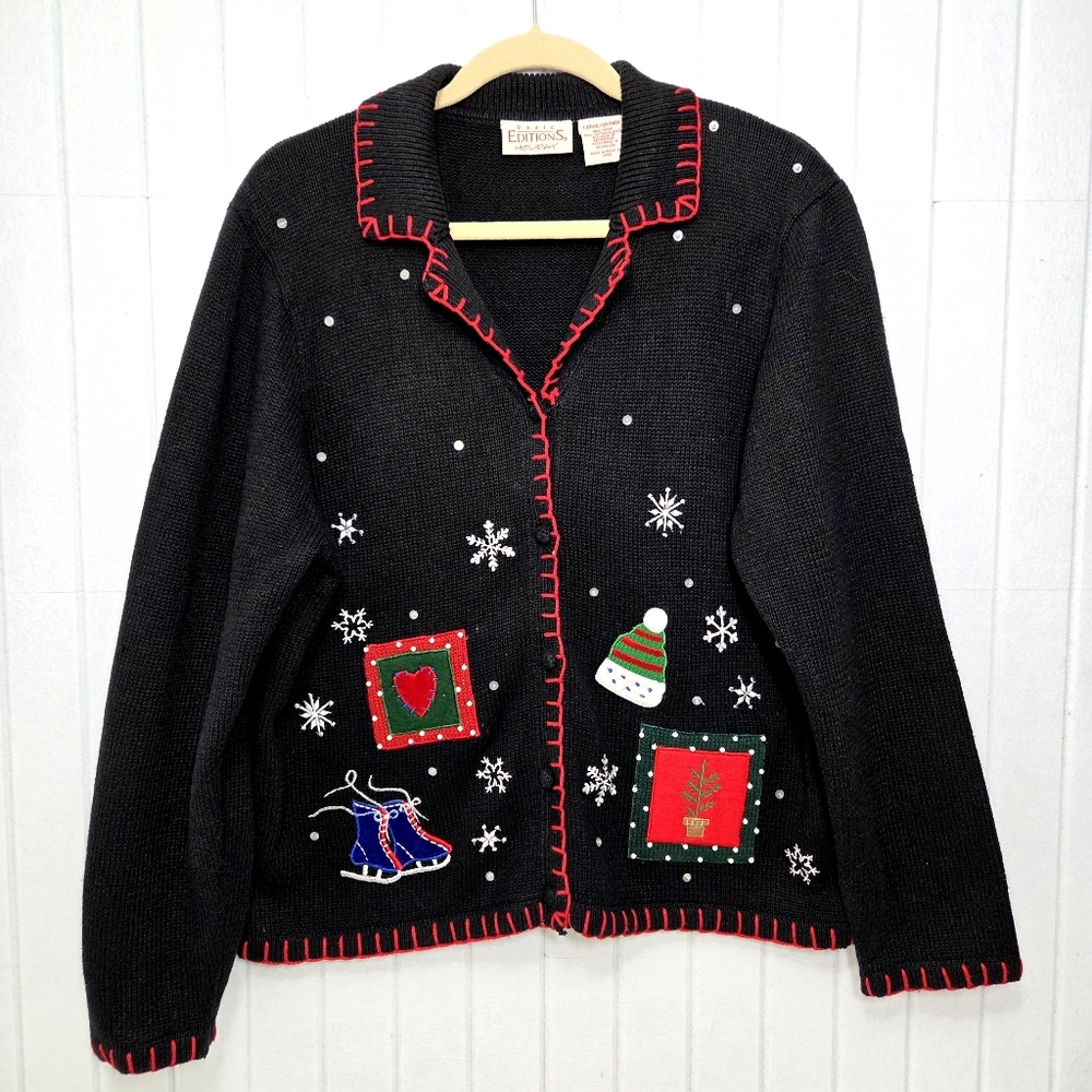 Basic Editions Black Cardigan with Festive Christmas  Accents Size‎ L